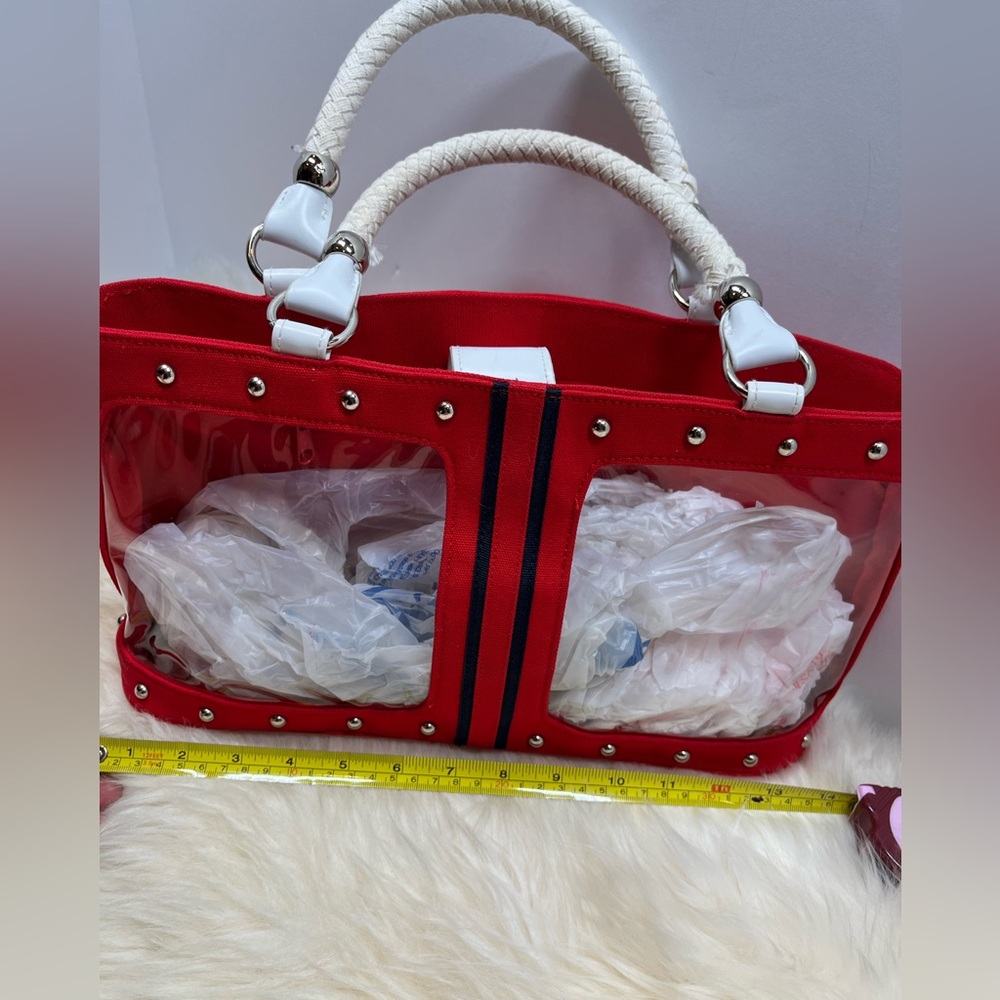 Nautical Studded Rope Handle Retro Handbag Red White Blue w Clear Poly Windows - Picture 11 of 14